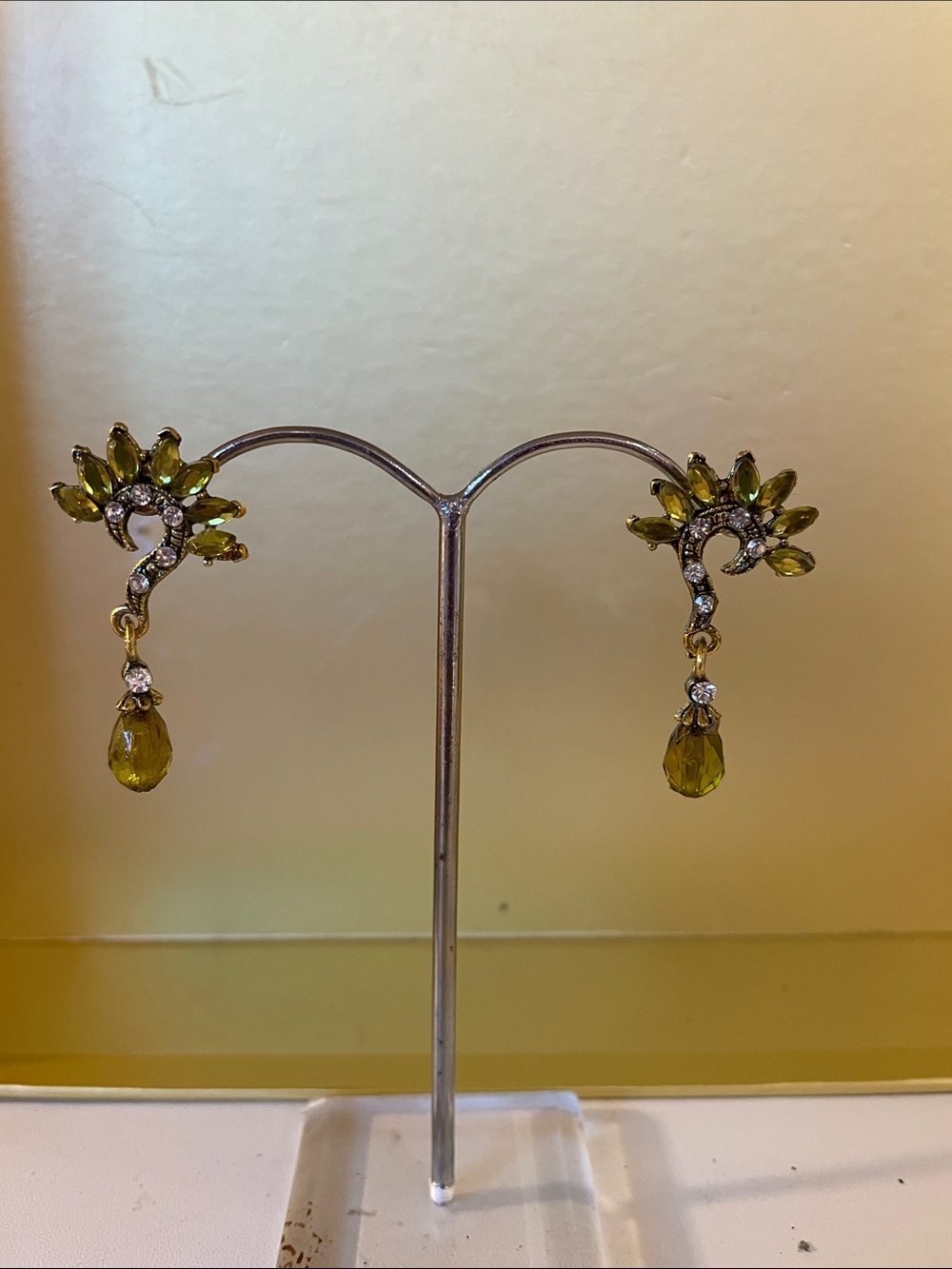Olive Green Teardrop Crystal Dangle Earrings